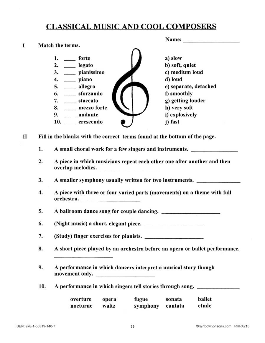 Classical Music And Cool Composers Test WORKSHEET Grades 6 To 8 