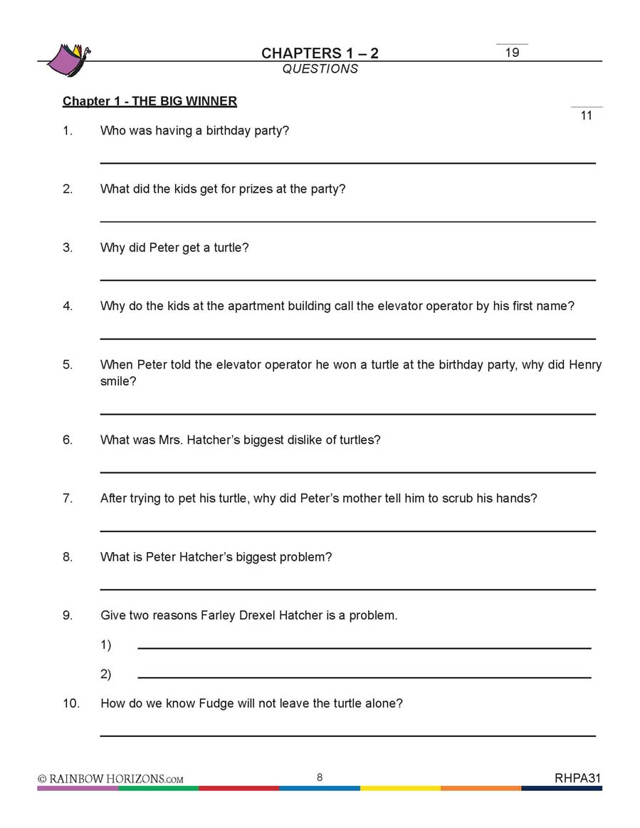 Tales of a Fourth Grade Nothing: Chapter 1 Questions Gr. 4-7 - WORKSHEET - eBook